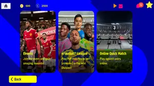 Real eFootball game modes screen: Events, eFootball League and Online Quick Match