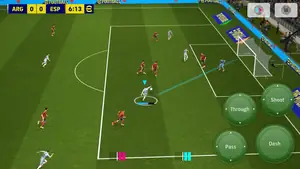 Real eFootball gameplay screenshot: Argentina vs Spain attack with Shoot and Pass buttons